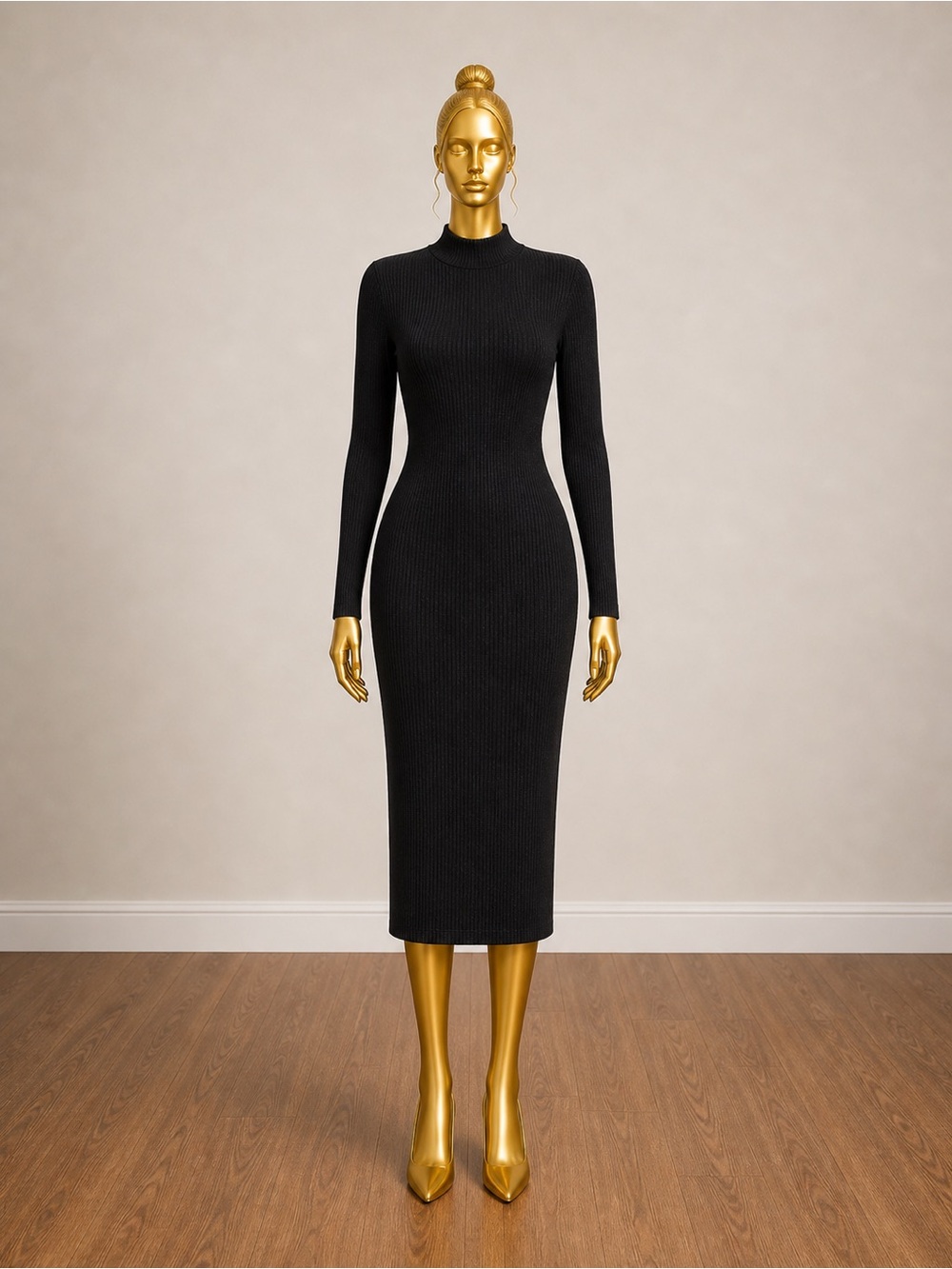 Heart Hips Classic Ribbed Black Long Sleeve Dress